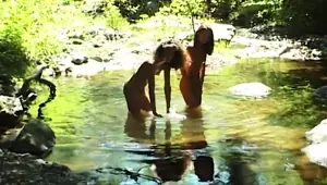 Tanned dark haired babe joins threesome action outdoor