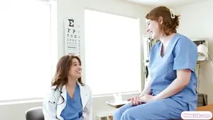 Lesbian doctor pussy licking busty nurse