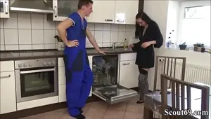Geeky German chick riding a hot repairman long and hard