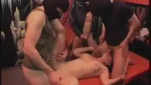 Amateur slut tied up and taking three cocks at once
