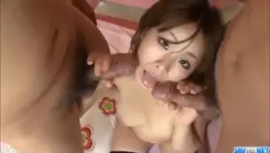 Hairy cunt Japanese cutie fucks two cocks