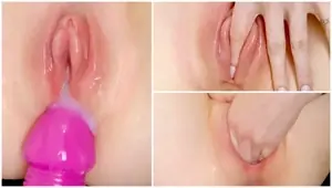 Pumped up meaty pussy tries to take a giant dildo. Close up