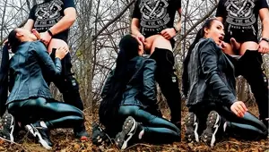 Ponytail Girl in a Leather Outfit Sucks Cock in the Forest and Takes Cum on Her Face Vertical Vid