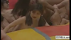 subtitled huge group of japanese nudists oil wrestling