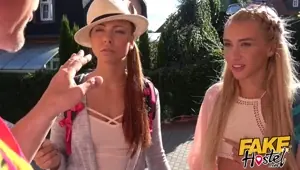 Fake Hostel Hot slim blonde fucked hard after lesbian friend blocked
