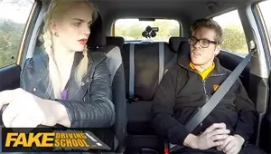 Fake Driving School Instructor is caught masturbating by a SEXY BLONDE with fantastic tits