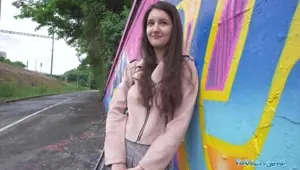 Public Agent super natural and cute real european 19yr college student with natural breasts and red lingerie fucked outside