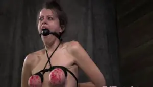 Sub in breast bondage gets caned