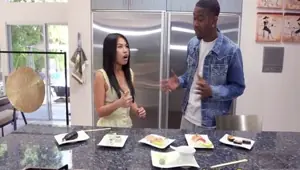 Shy oriental feeding on bbc with chopsticks