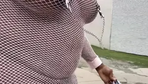 Walking Around in Fishnet Dress Fucking My Pussy on Public Staircase