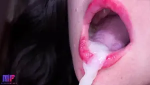 Close up red lips blowjob, tongue play and oral creampie