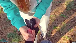 Girl masturbates to a stranger outdoor and cum on pantyhose