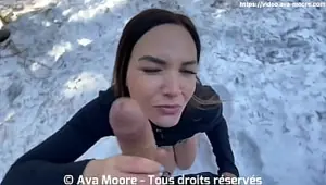 A French girl sucks a big cock in the snow and swallows all the cum Oral cumshot
