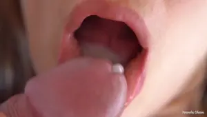 Her Sensual Lips Tongue Make Him Cum In Mouth, Super Closeup